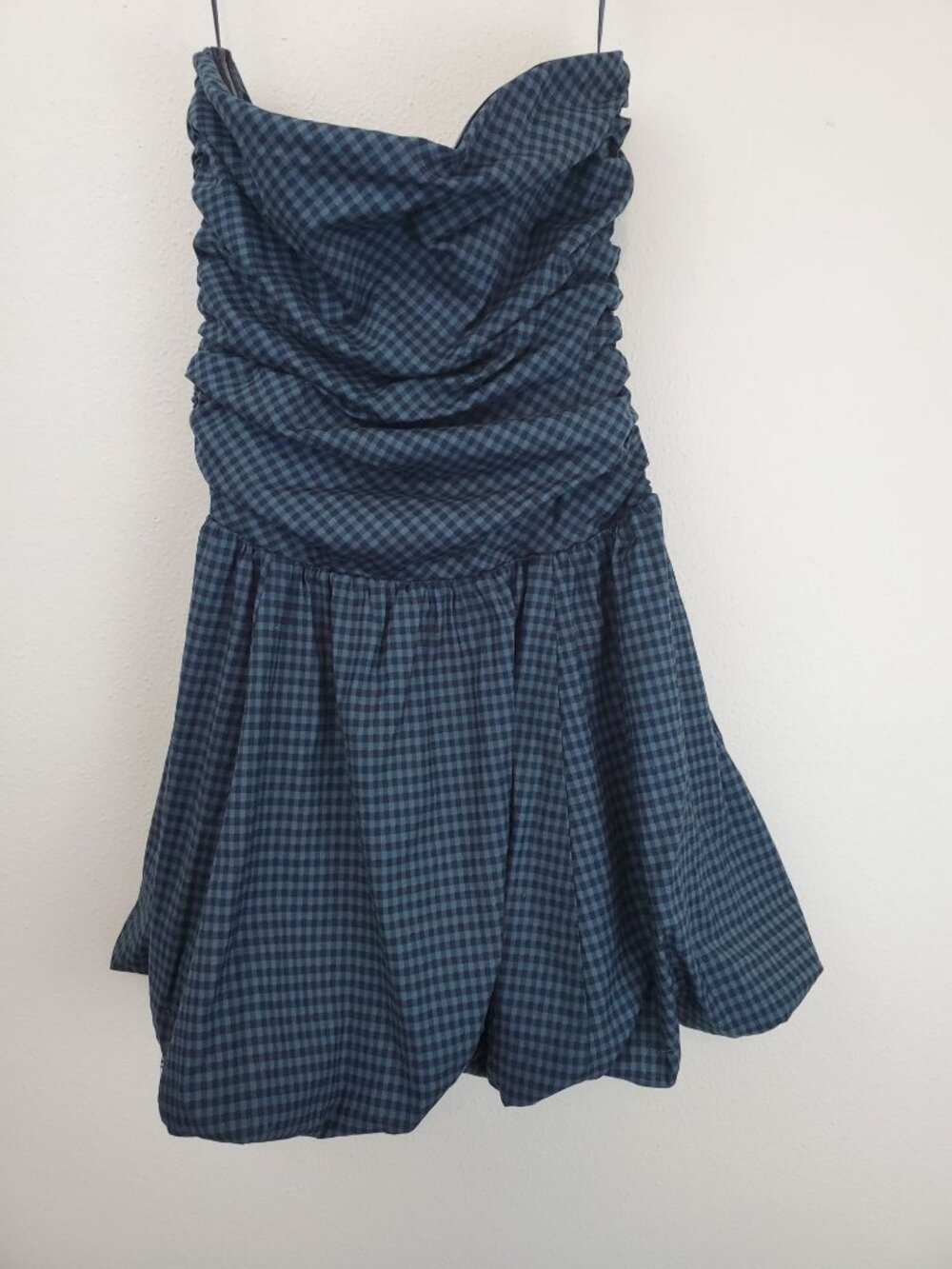 Reformation Clea strapless mini dress, dark slate check